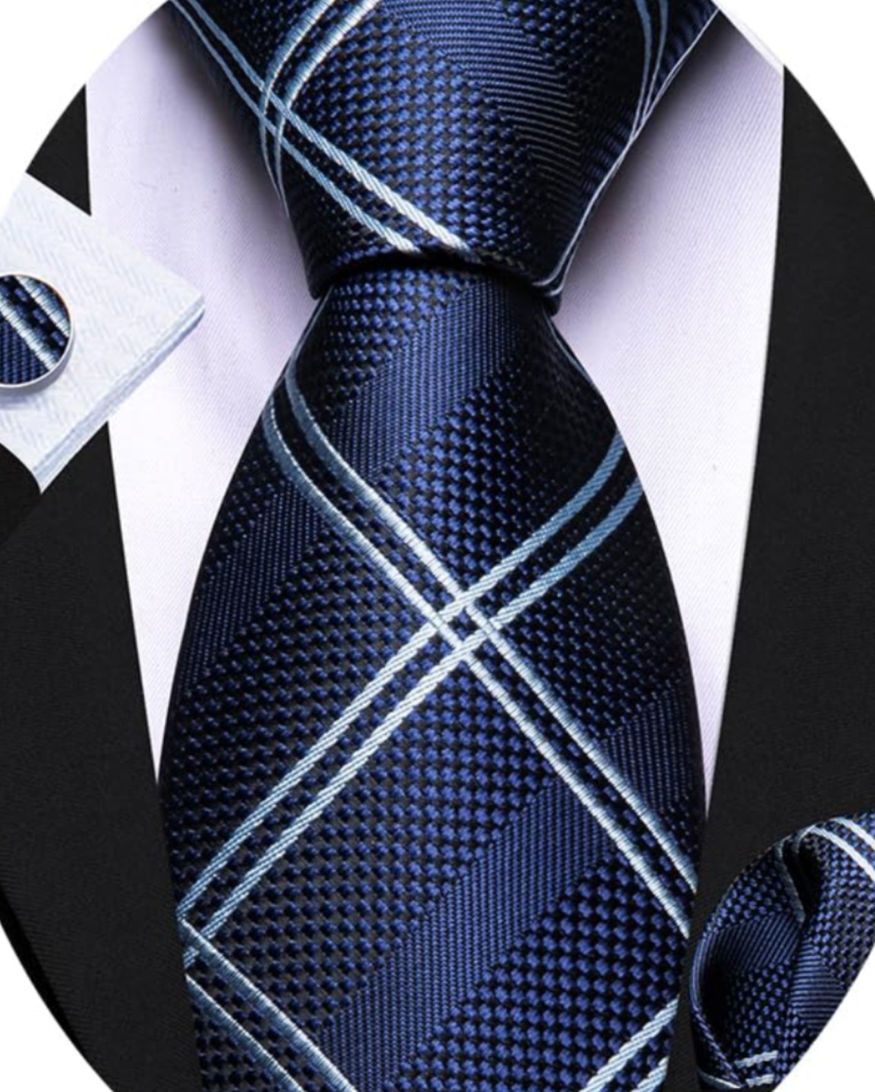 Dluxe Ave. Mens Striped Plaid Blue Black Skinny Necktie Handkerchief & Cuff Links