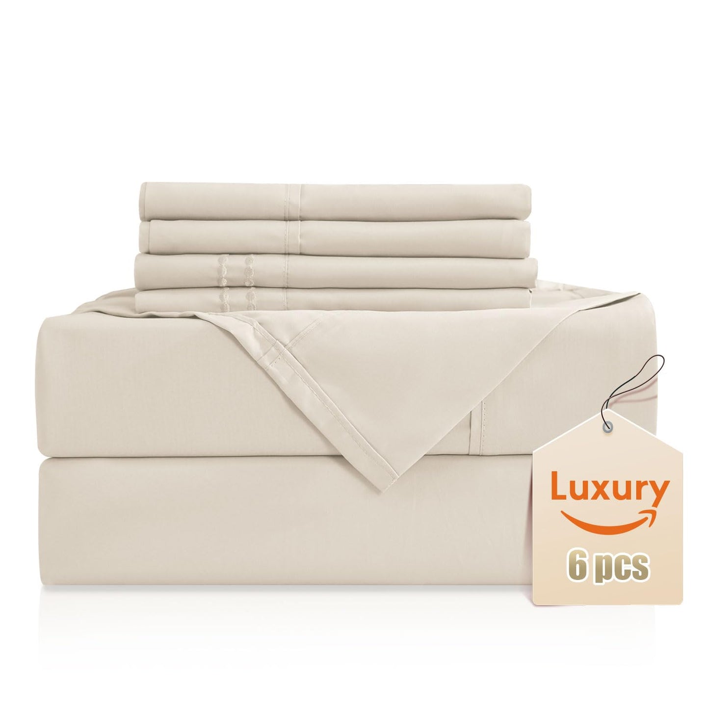 Dluxe Ave. ( KING ) 6 Pcs Luxury Silky Soft Bed Sheet Set/ Fits 16 inch Deep Pocket/ Ivory Cream