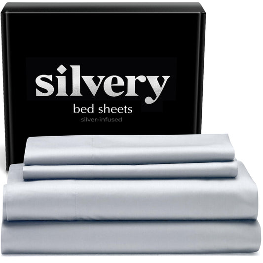 Dluxe Ave. ( CALI./ KING ) Silvery Silver Infused Bed Sheets Set, Award Winning Self Cooling, Luxurious Silky Soft Comfort