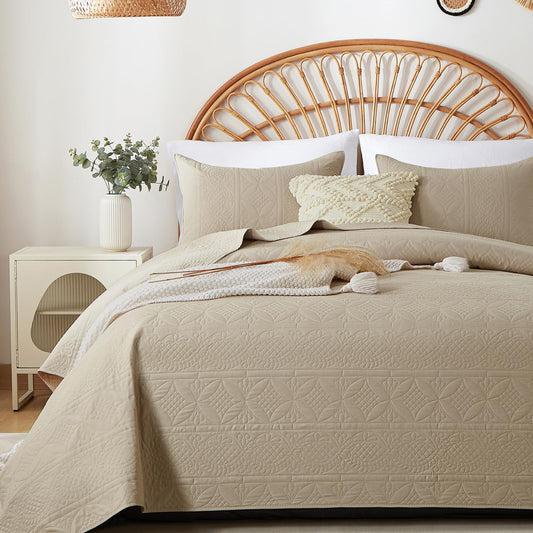 Dluxe Ave. ( KING ) 3 Pcs Bohemian King Quilt Set, for All Season, Lightweight/ Beige