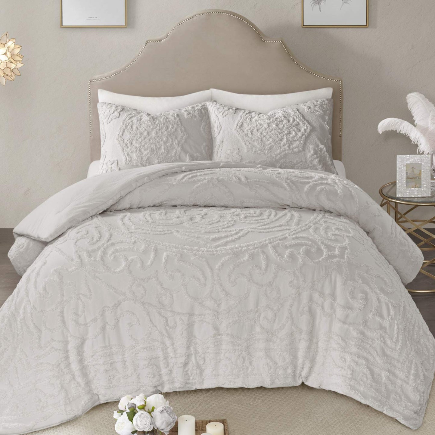 Dluxe Ave. ( CALI./ KING) 3 Pcs Comforter Bohemian Tufted Cotton Set/for All Season/ Grey (104"x92")