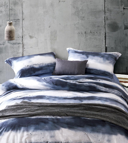 Dluxe Ave. ( KING ) 3 Pcs 100% Long-Staple Cotton {Duvet Cover} Set, Navy & White Striped Watercolor Pattern Printed Comforter Cover