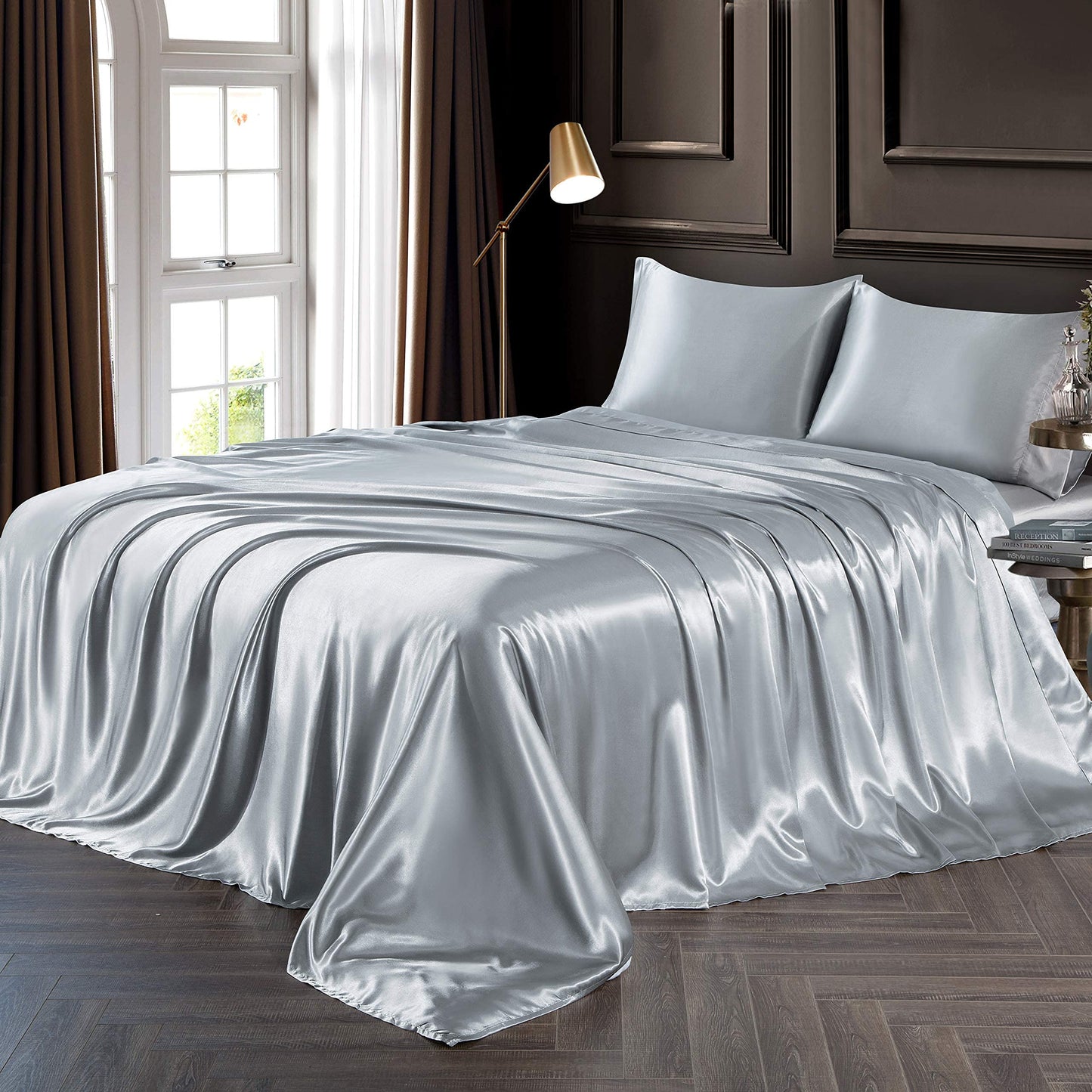 Dluxe Ave. ( QUEEN ) 4 Piece Luxury Silky Satin Bed Sheets Set/ Light Grey