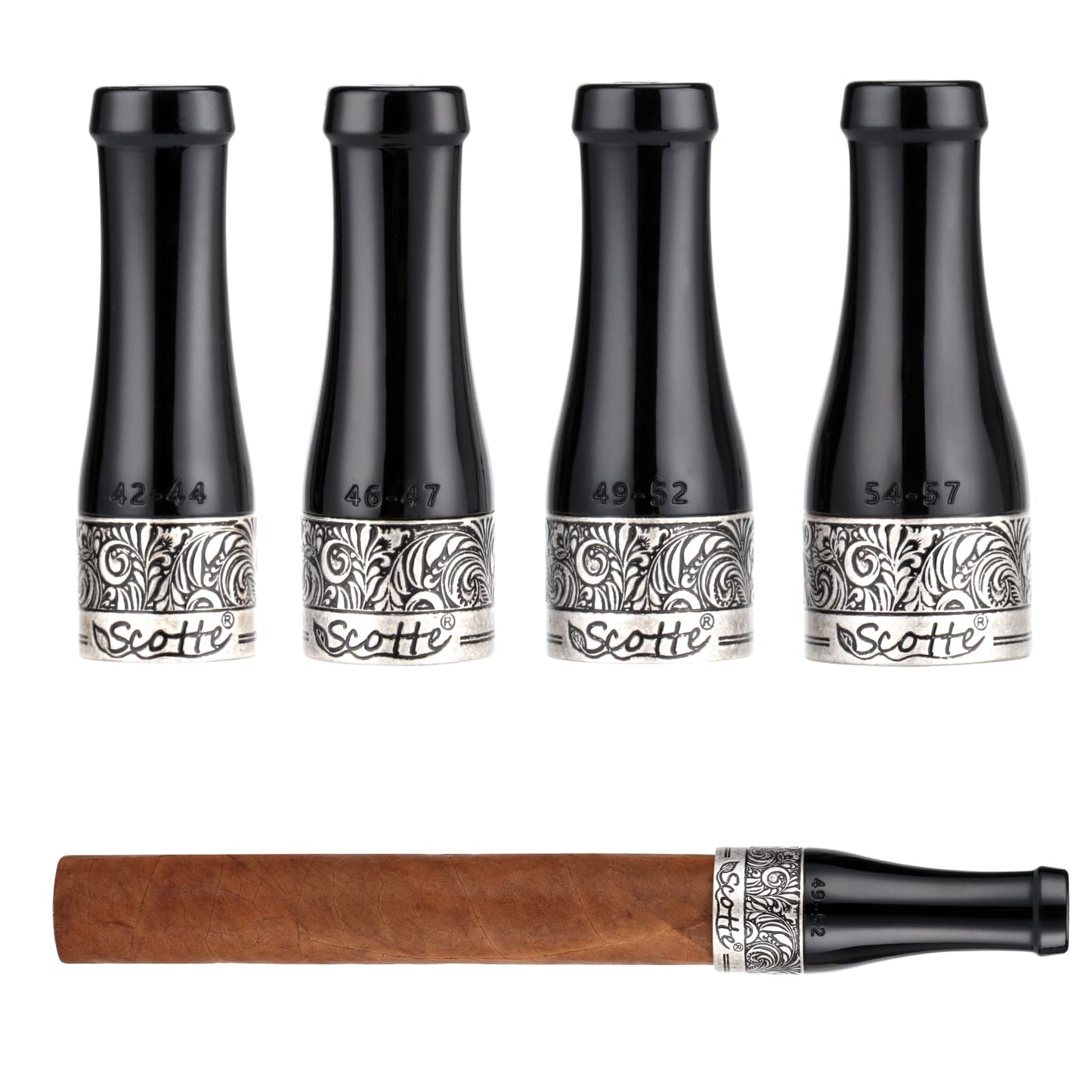 Dluxe Ave. Scotte Cigar Mouthpiece for Men and Women Portable 4 Size Cigar Holder Set with Gift Box, (Black and Silver)