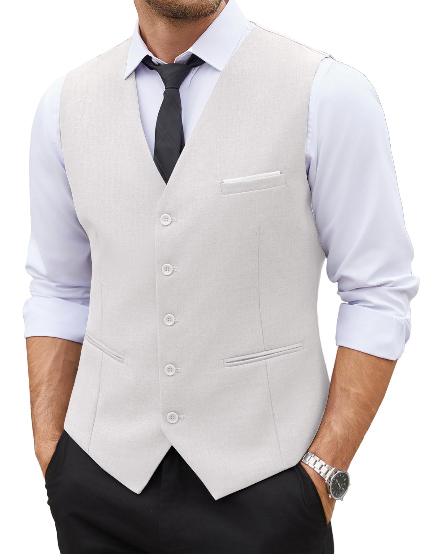 Dluxe Ave. (X-LARGE) Mens Casual Dress Waistcoat Vests/ Slim Fit V Neck/ White