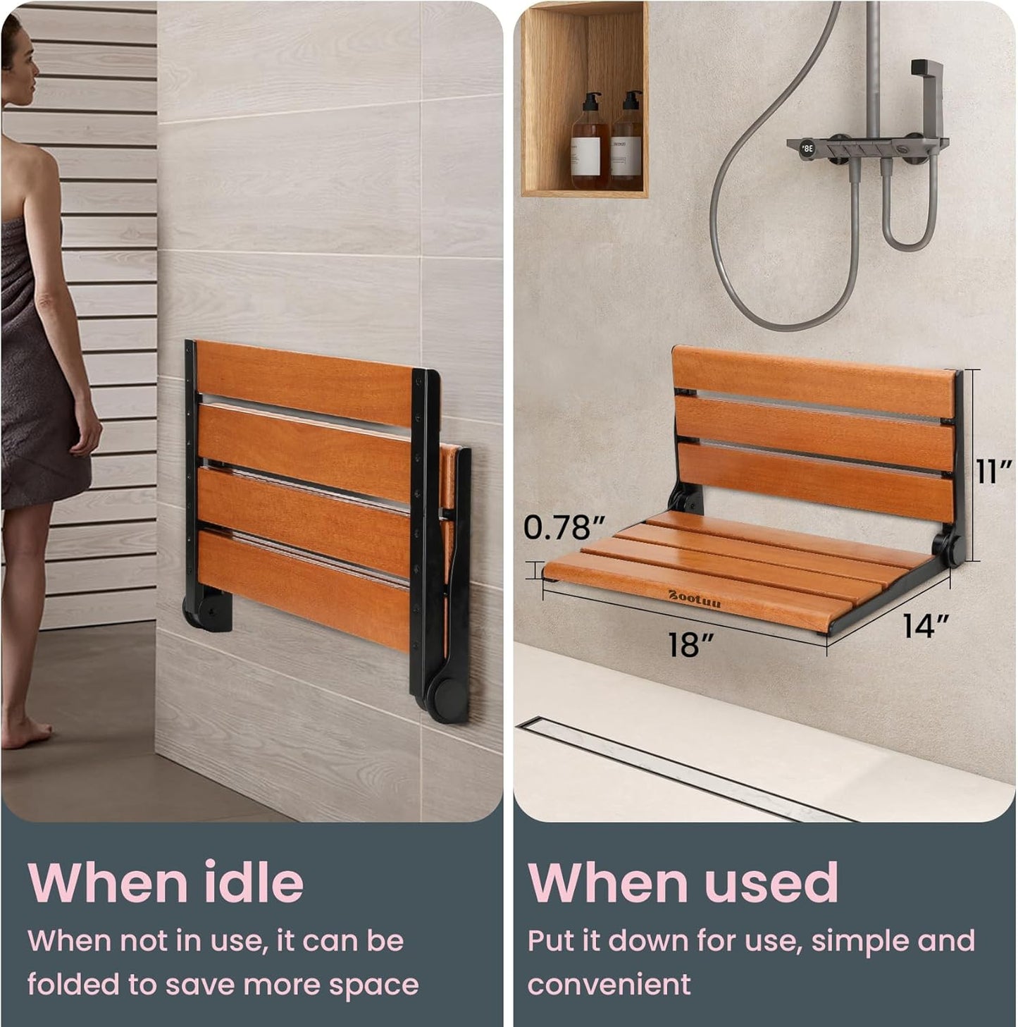 Dluxe Ave. 18" Teak Folding Shower Seat, Wall Mounted,Fold Down Bench for Small Shower Space, Teak Wood