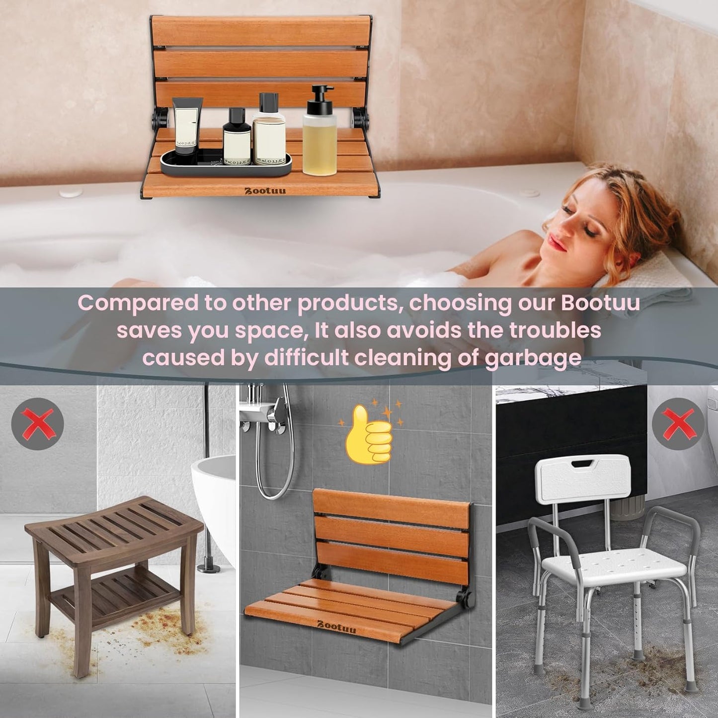 Dluxe Ave. 18" Teak Folding Shower Seat, Wall Mounted,Fold Down Bench for Small Shower Space, Teak Wood