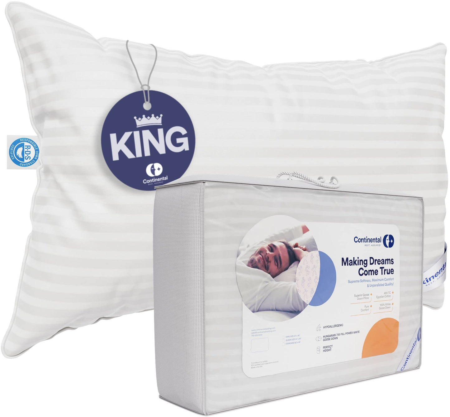 Dluxe Ave. ( KING ) Continental Bedding Luxury Down Pillow, Set of 1, { FIRM } 700 FP