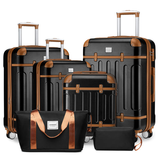 Dluxe Ave. 6 Piece Expandable Luggage Hardshell Suitcase Sets /TSA Locks/ Vintage  (Black Brown)