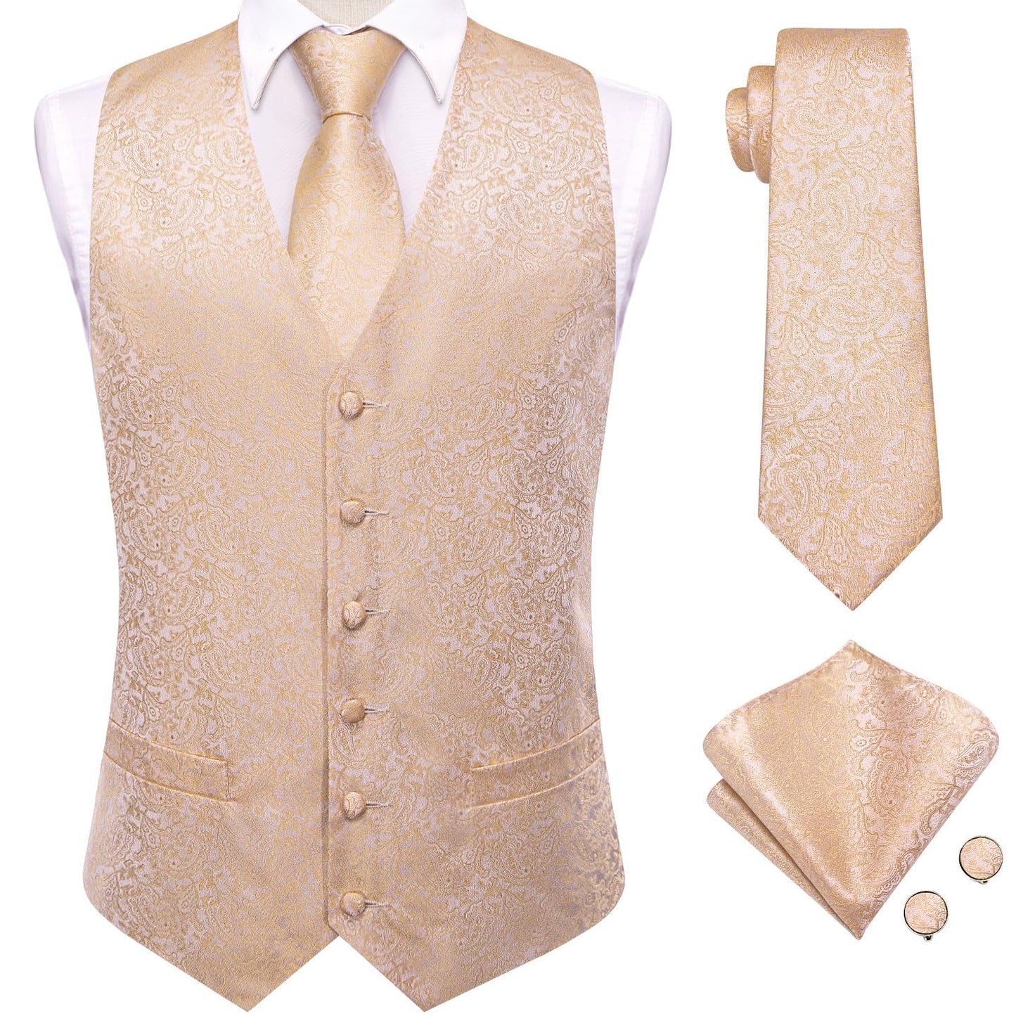 Dluxe Ave. (LARGE) Mens Suit Vest Tie set/ Waistcoat and Necktie Handkerchief Cufflinks Suit/ Champange