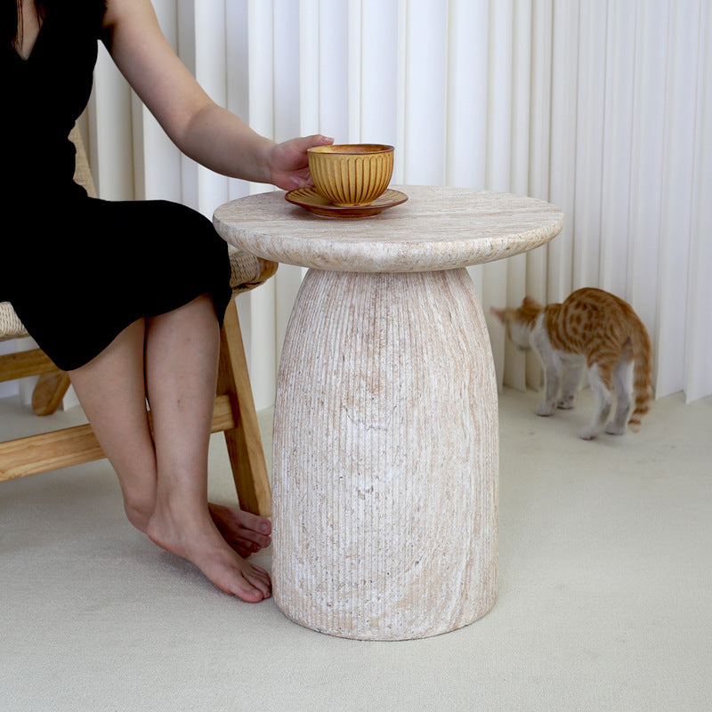 Modern Round Corner Side Table with Imitation Travertine Finish