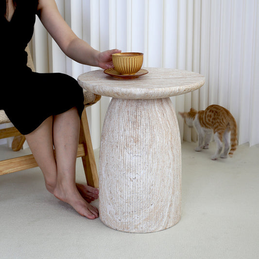 Modern Round Corner Side Table with Imitation Travertine Finish