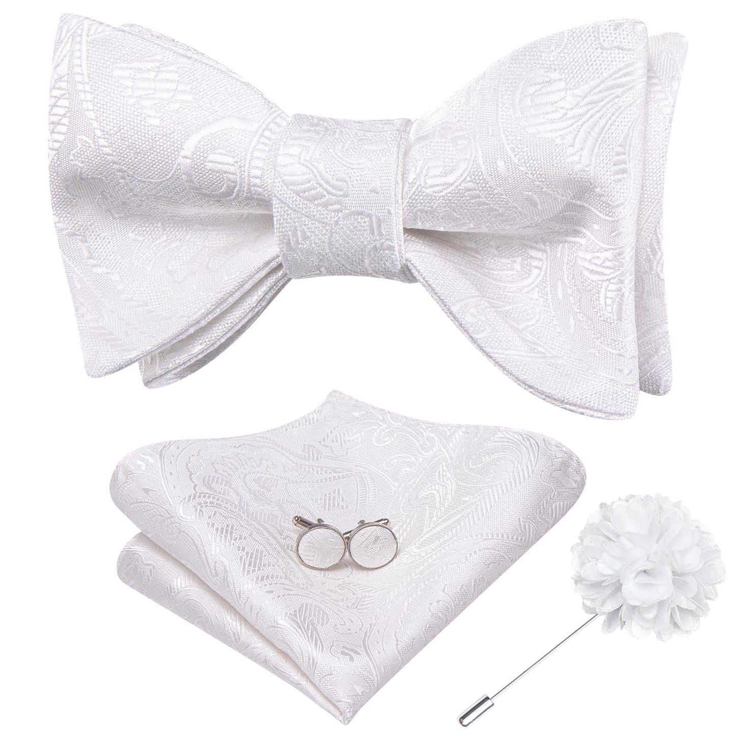 Dluxe Ave. Mens Paisley Flroal Bow Ties and Lapel Pin Set Self Tie Bowties for Men Pocket Square Cufflinks