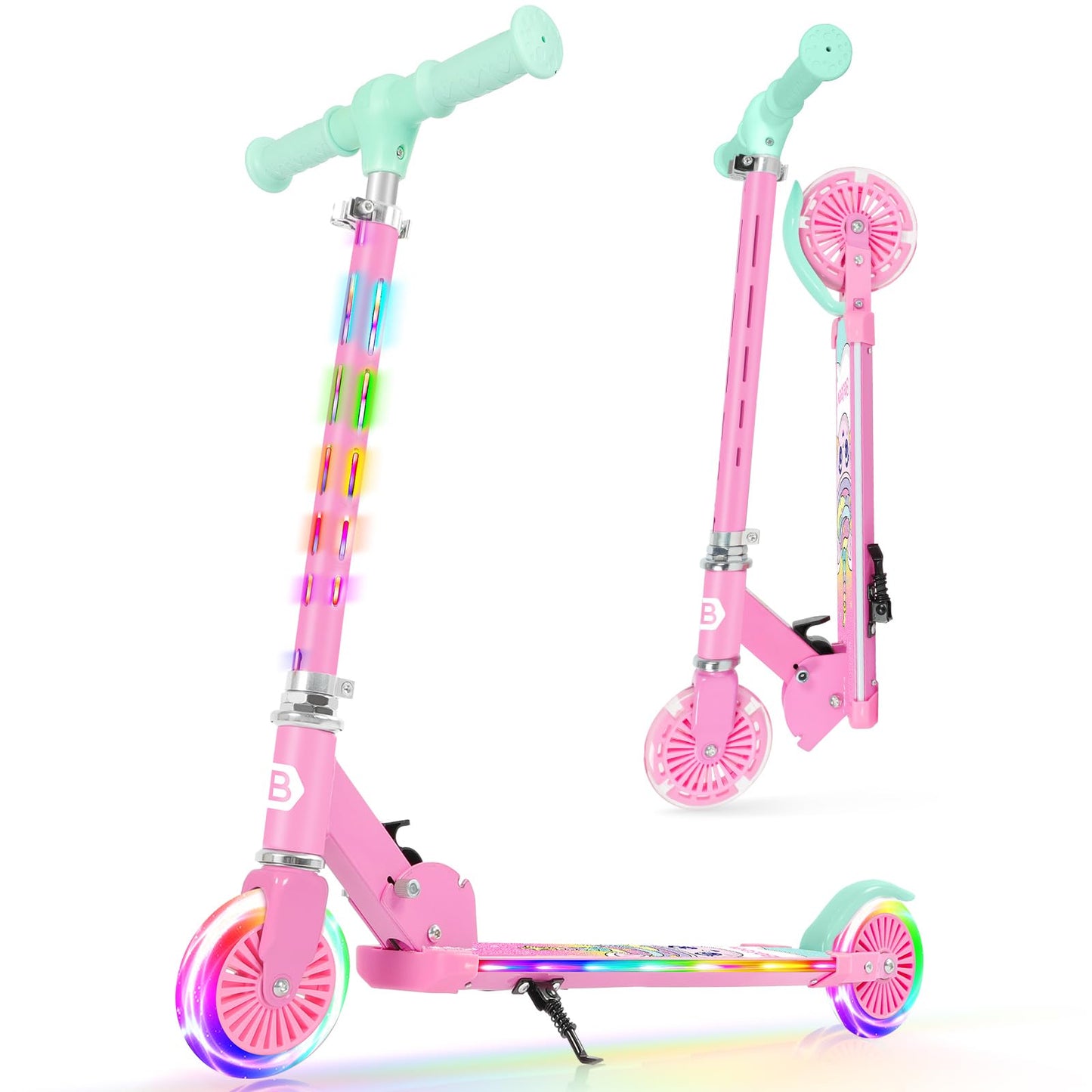 Dluxe Ave. BELEEV Scooters for Kids with Light-Up Wheels & Stem & Deck 2 Wheel Folding Scooter for Girls and Boys  Ages 3-12 (Teal Pink)
