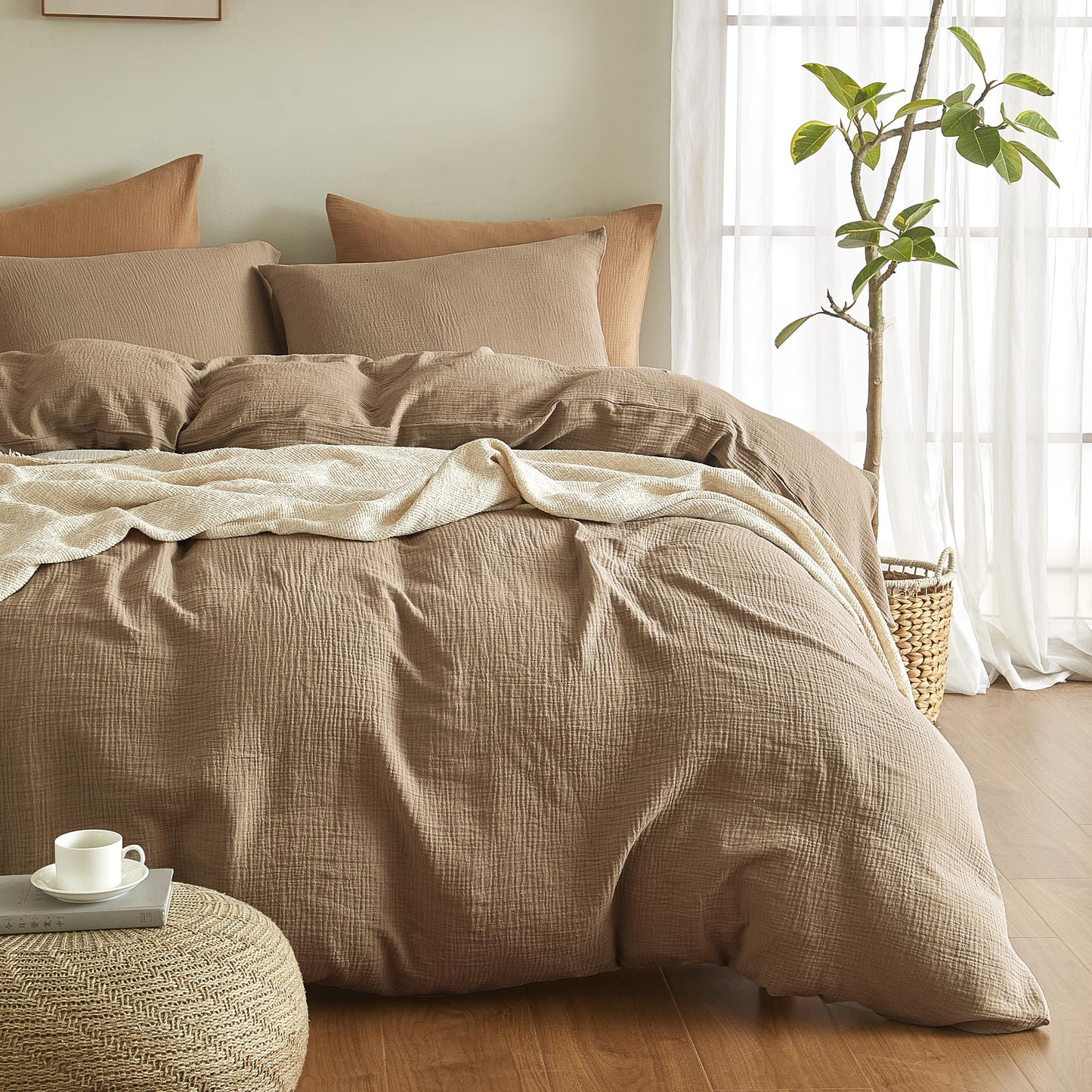 Dluxe Ave. ( QUEEN ) 3 Pcs 100% Washed Cotton {Duvet Cover} Set, Ultra Soft Comforter Cover, Light Brown