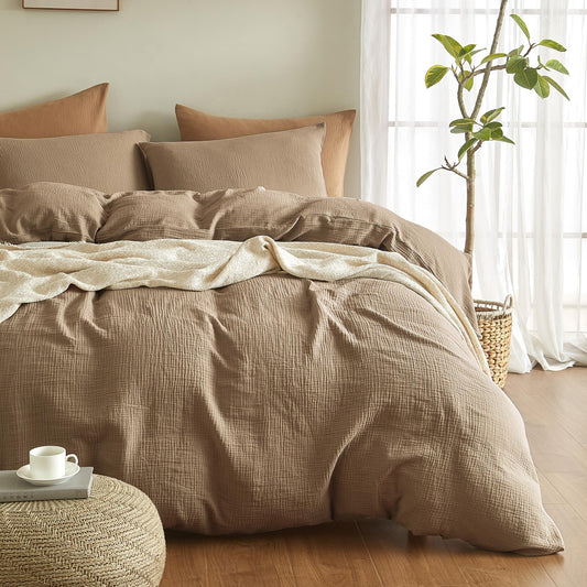 Dluxe Ave. ( QUEEN ) 3 Pcs 100% Washed Cotton {Duvet Cover} Set, Ultra Soft Comforter Cover, Light Brown
