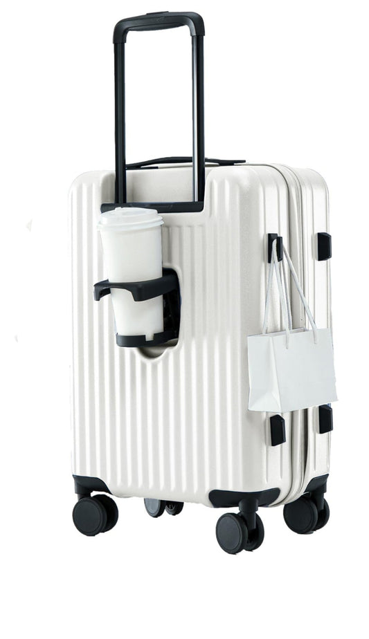 Dluxe Ave. 20 Inch Expandable Carry On Luggage with Cup Holder/ Hardside/ TSA Approved/ Spinner Wheels/ (White)