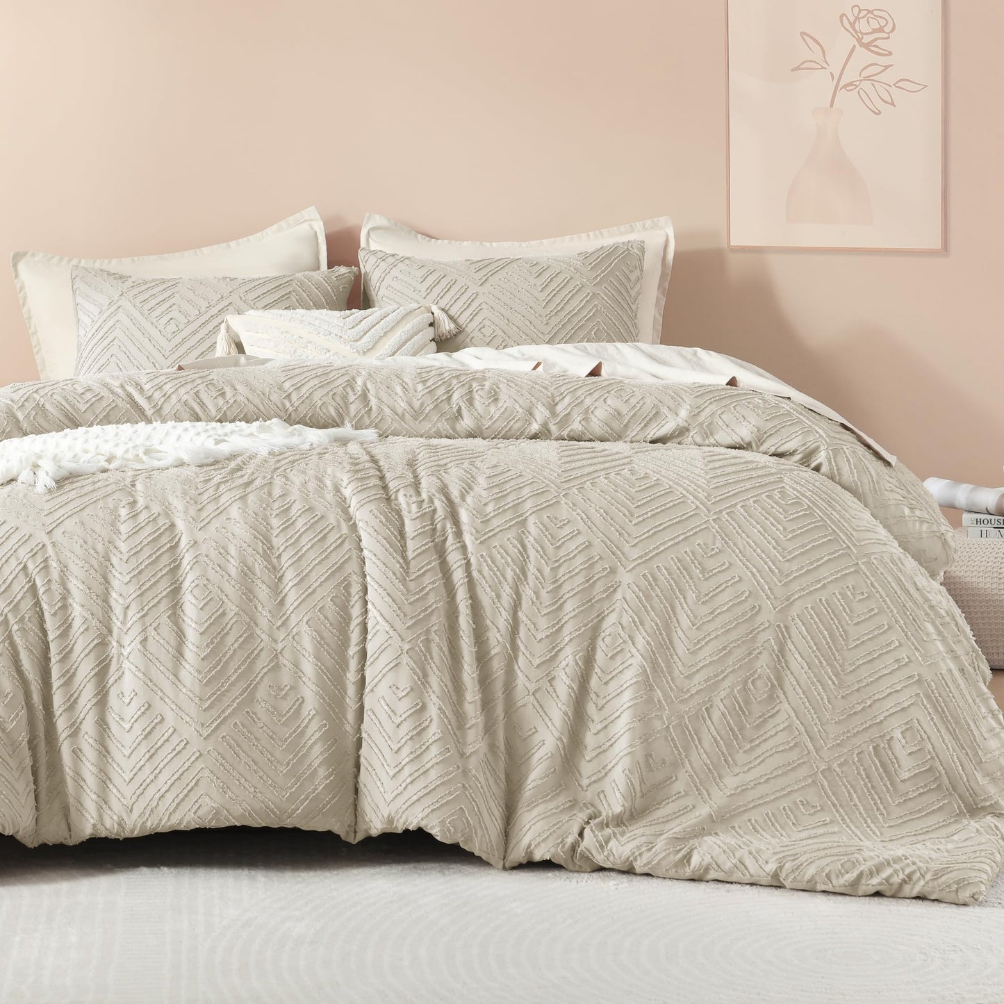 Dluxe Ave. ( QUEEN ) 3 Pcs Tufted Boho Farmhouse Bedding Comforter Set, Lightweight Fluffy Comforter/ Oatmeal