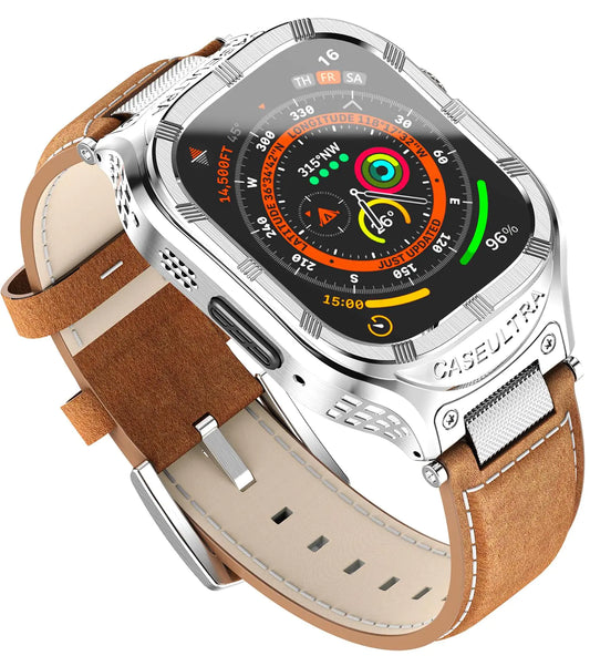 Dluxe Ave. Caseultra Stainless Steel Case with Band Compatible with Apple Watch Bands 45mm for MenVintage Genuine Leather Strap with Metal Bumper Cover for iWatch Band Series 9 8 7Brown
