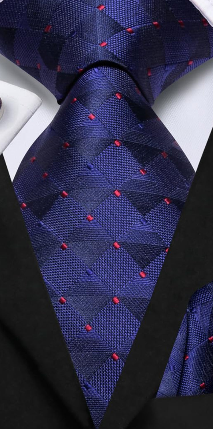 Dluxe Ave. Mens Ties Set Silk Ties for Men 4PCS Neck Tie & Pocket Square Flower Lapel Pin Cufflinks Set Black Red Green Tie Royal Blue