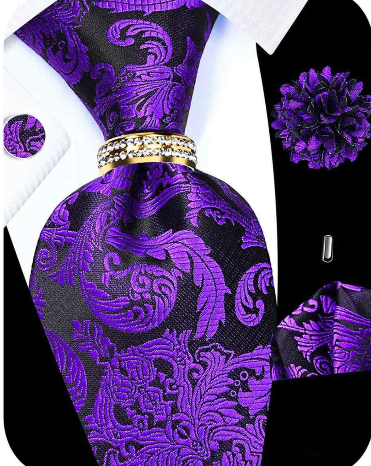 Dluxe Ave. 5PCS Purple Paisley Tie and Pocket Square Set for Men