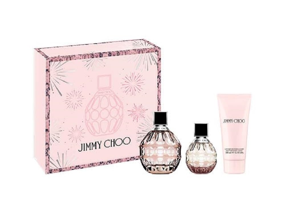 Dluxe Ave. Jimmy Choo Signature Eau de Parfum 3 Piece Set - 3.3 fl. oz. & 1.3 fl. oz. Spray 3.3 fl. oz. Body Lotion - Long Lasting Fragrance with notes of Tea Rose Tiger Orchid & Cedarwood - Floral & Fruity