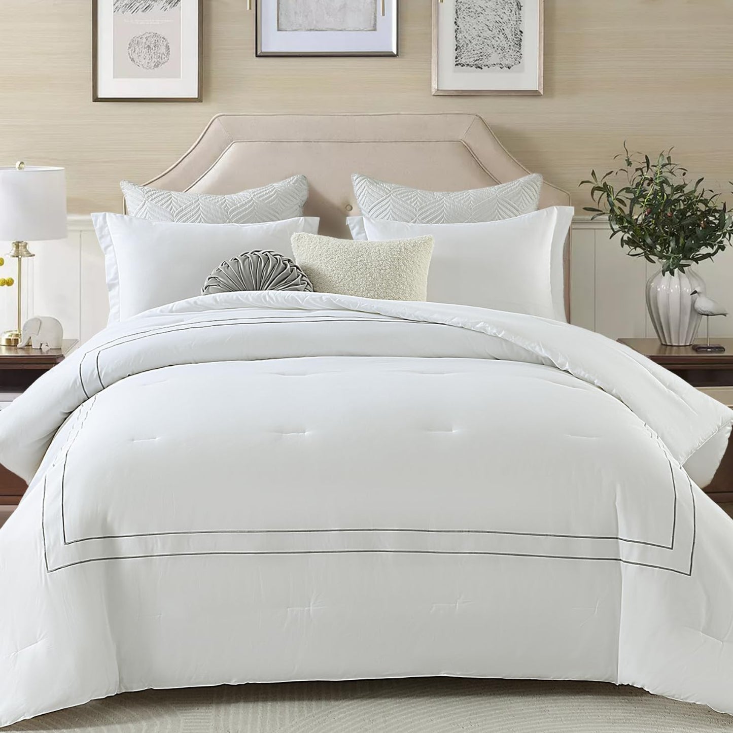 Dluxe Ave. ( QUEEN) 3 Pcs Comforter Set, Fluffy 100% Cotton, Satin Stitch Embroidery, Lightweight Quilted Comforter, White/Gray