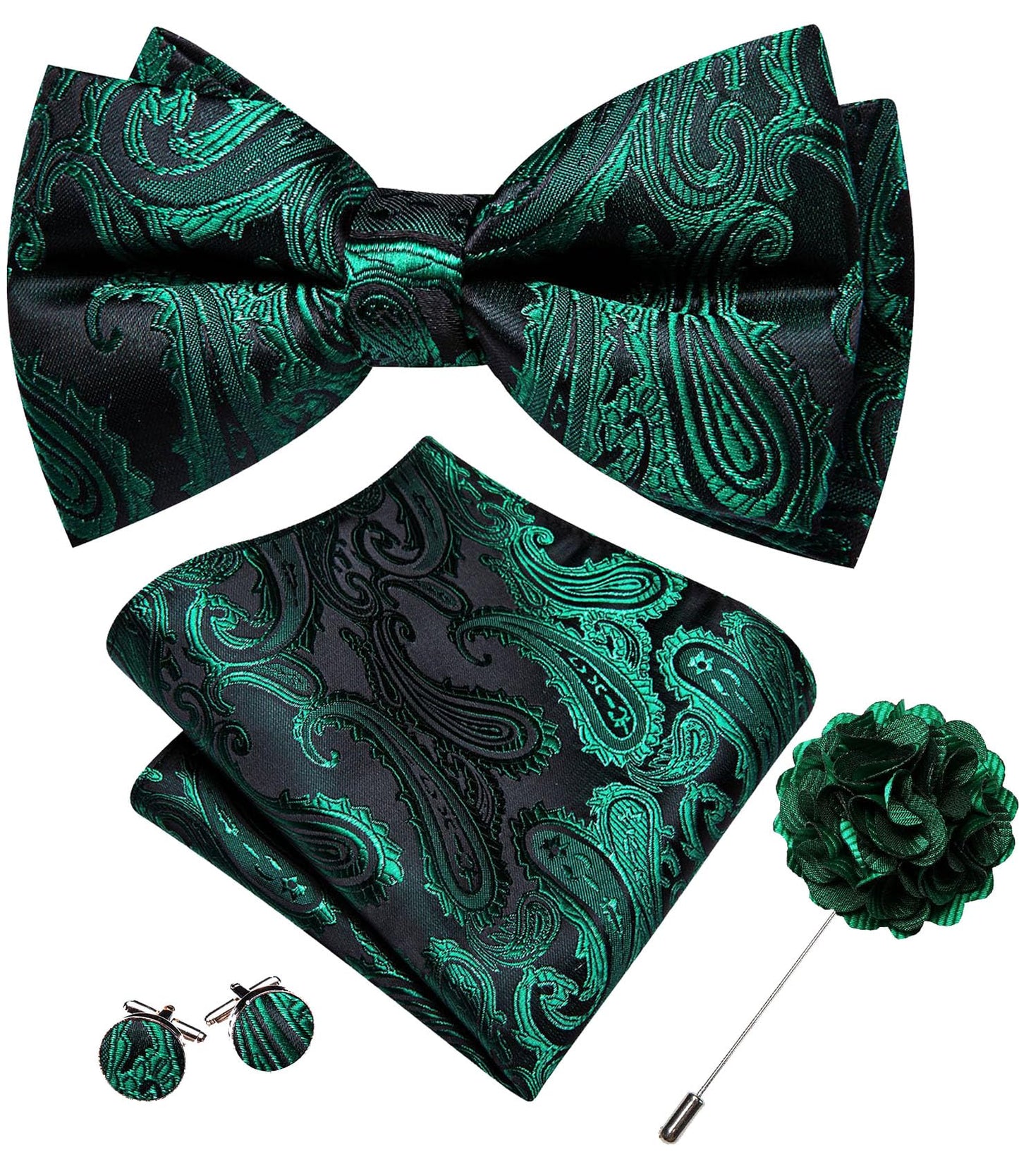 Dluxe Ave. Mens Bowties Adjustable with Handkerchief Cufflinks/ Black Green