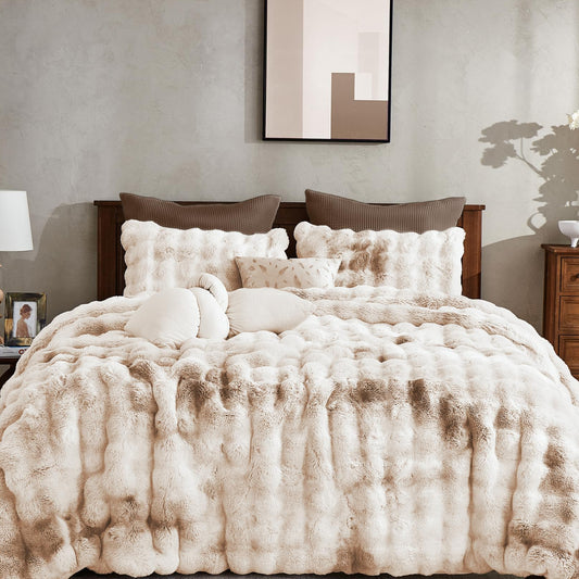 Dluxe Ave.( QUEEN ) 3 Pcs Fluffy Faux Rabbit Fur Bubble Comforter Set, Beige