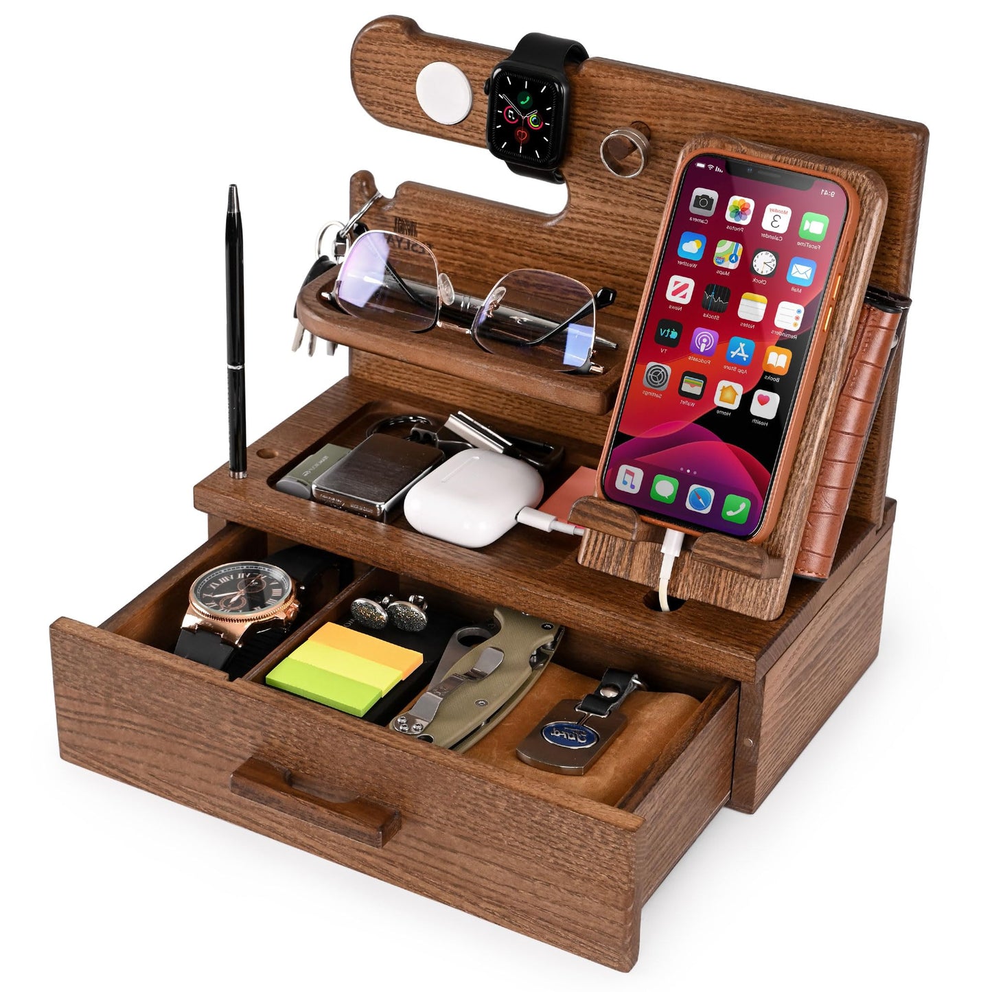 Dluxe Ave. Wood Docking Station with Drawer Desk Organizer/ Beige