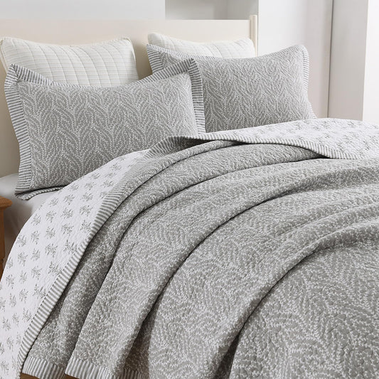 Dluxe Ave. ( QUEEN ) 3 Pcs  100% natural cotton Quilt Set/ White & Gray