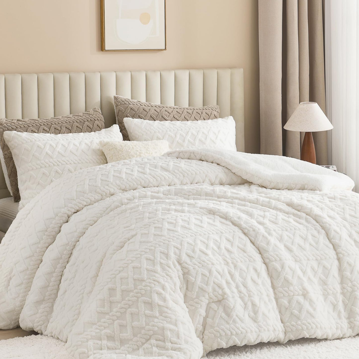 Dluxe. Ave. ( FULL ) 3 Pcs Fluffy Sherpa Comforter Set/ Super Soft Fleece/ Luxury Jacquard Boho Thick Fuzzy Plush/ White