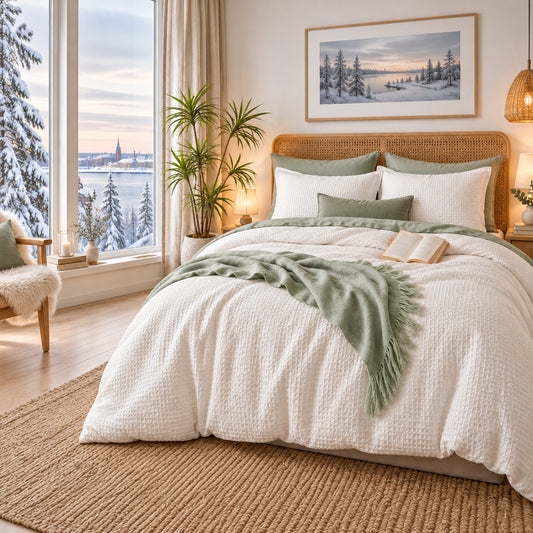 Dluxe Ave. (KING) 3Pcs Cream Waffle Weave Comforter Set/ Cream