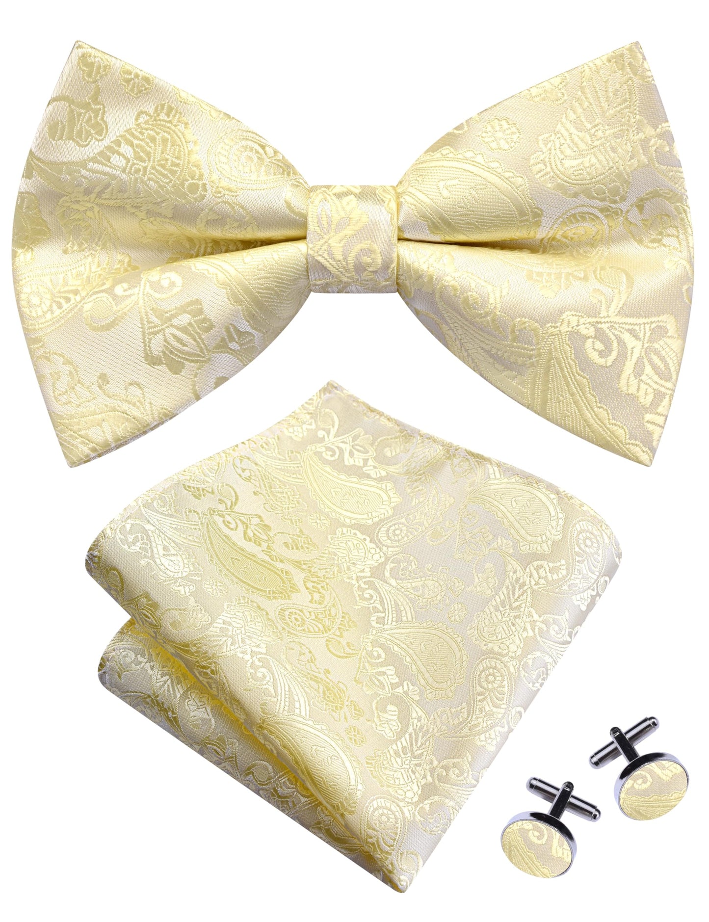Dluxe Ave.  Men Silk Paisley Bowtie/ Pocket Square Handkerchief & Cufflinks/ Light Yellow