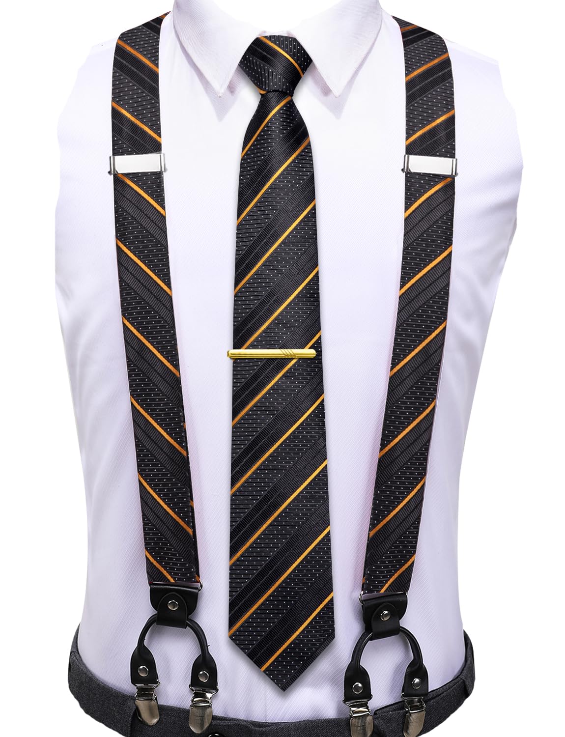 Dluxe Ave. Mens Suspenders and Tie Set Adjustable Y Braces and Pocket Square Set Strong 6 Clips Black and Gold