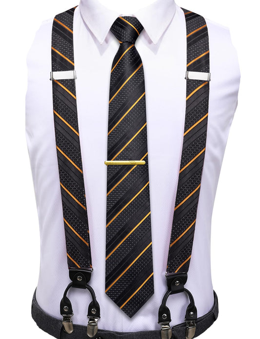 Dluxe Ave. Mens Suspenders and Tie Set Adjustable Y Braces and Pocket Square Set Strong 6 Clips Black and Gold