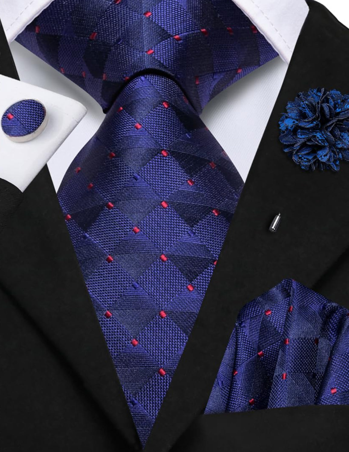 Dluxe Ave. Mens Ties Set Silk Ties for Men 4PCS Neck Tie & Pocket Square Flower Lapel Pin Cufflinks Set Black Red Green Tie Royal Blue