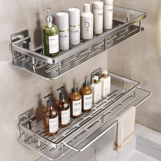 Dluxe Ave. Adhesive Shower Shelves 2-Pack with Hooks and Rod/ Silver