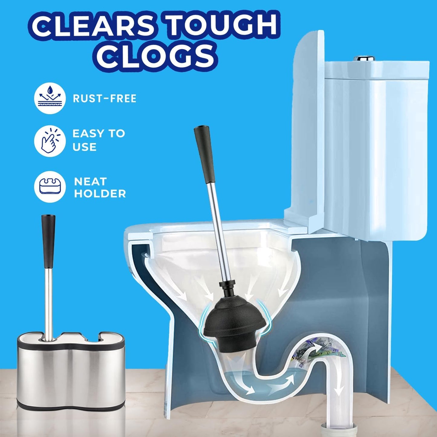Dluxe Ave. 2 Pack UMIEN Toilet Brush and Plunger Set - Stainless Steel Plunger and Toilet Brush Combo with Freestanding Canister - Modern and Sleek Bathroom Cleaning Accessories