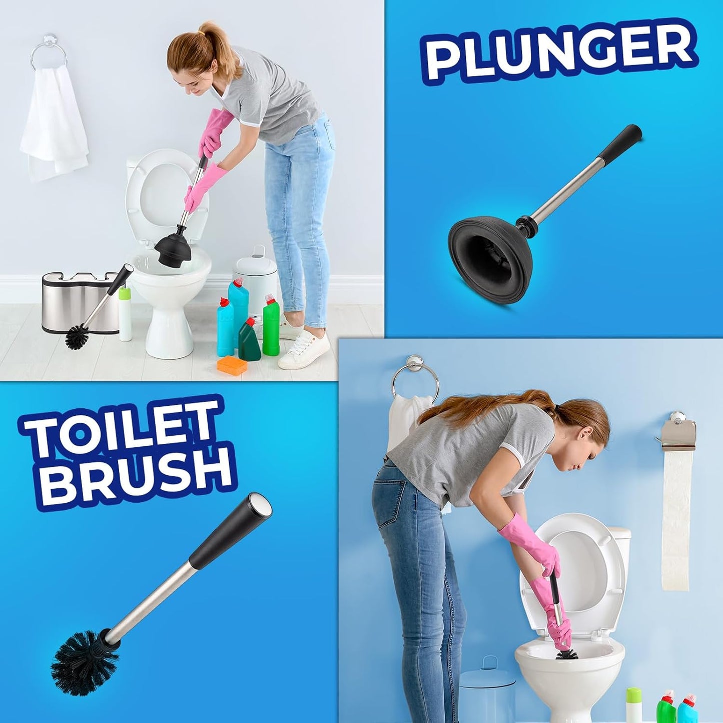 Dluxe Ave. 2 Pack UMIEN Toilet Brush and Plunger Set - Stainless Steel Plunger and Toilet Brush Combo with Freestanding Canister - Modern and Sleek Bathroom Cleaning Accessories