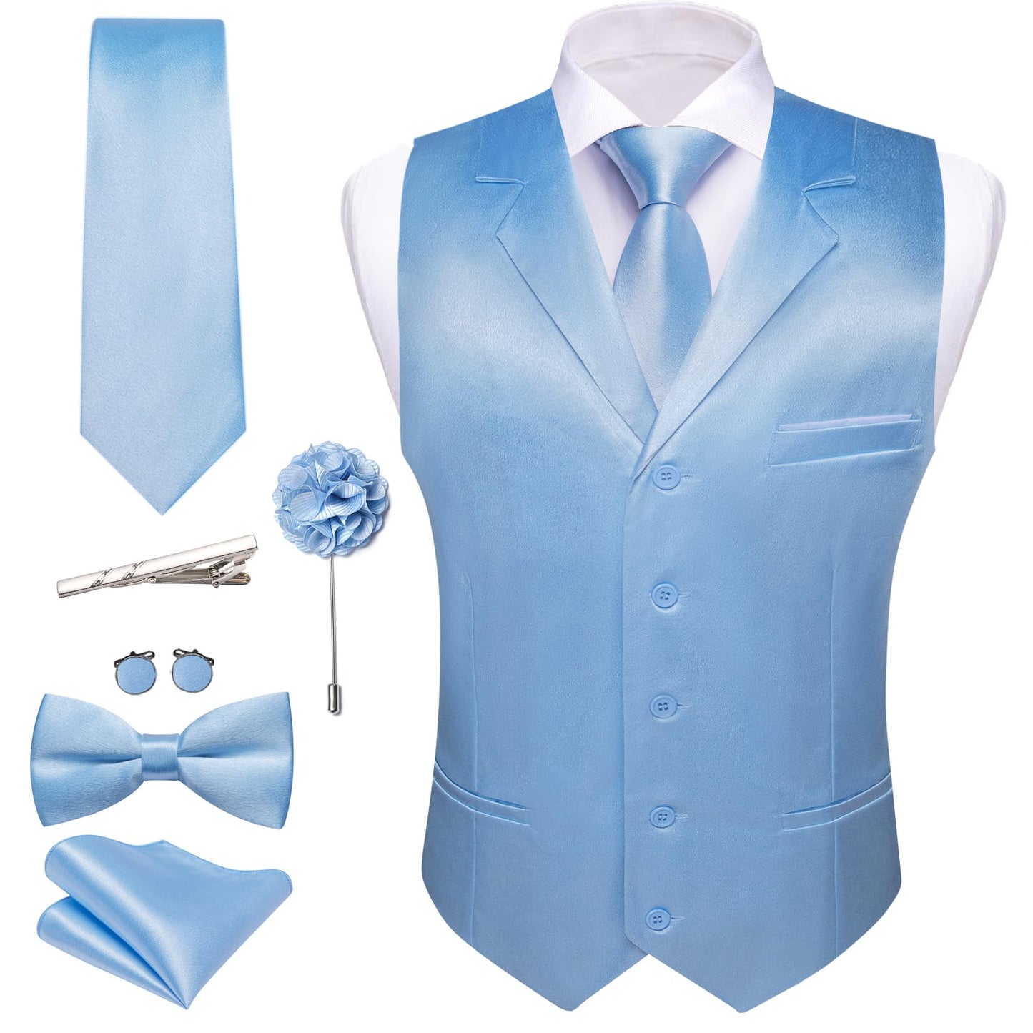 Dluxe Ave. (XLARGE) Mens Vest Lapel Collar/ Satin Slim Fit/  Waistcoat Tie Bowtie Set/ Sky Blue