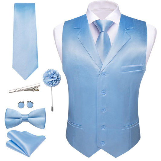 Dluxe Ave. (XLARGE) Mens Vest Lapel Collar/ Satin Slim Fit/  Waistcoat Tie Bowtie Set/ Sky Blue
