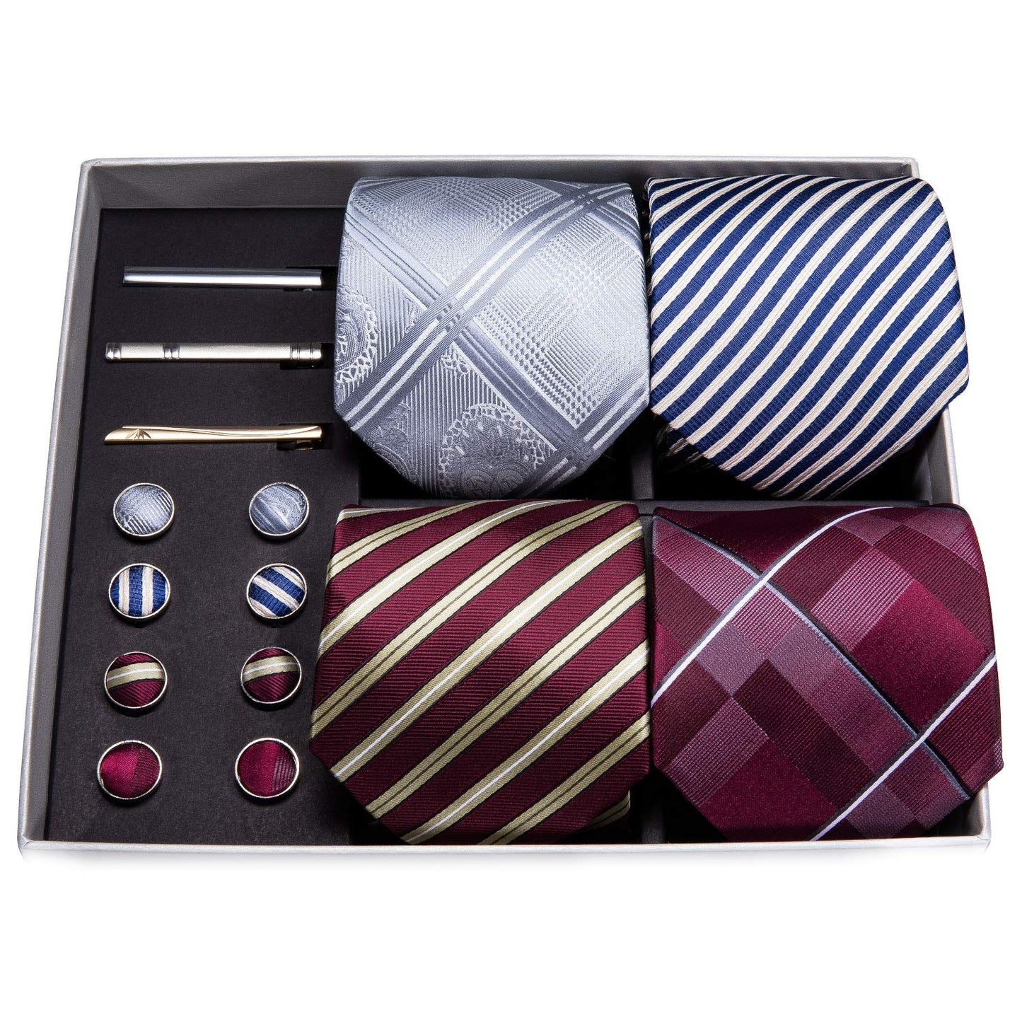 Dluxe Ave. Grey Red Ties Set Silk Men Necktie Pocket Square and Tie Clips Cufflinks