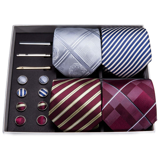 Dluxe Ave. Grey Red Ties Set Silk Men Necktie Pocket Square and Tie Clips Cufflinks