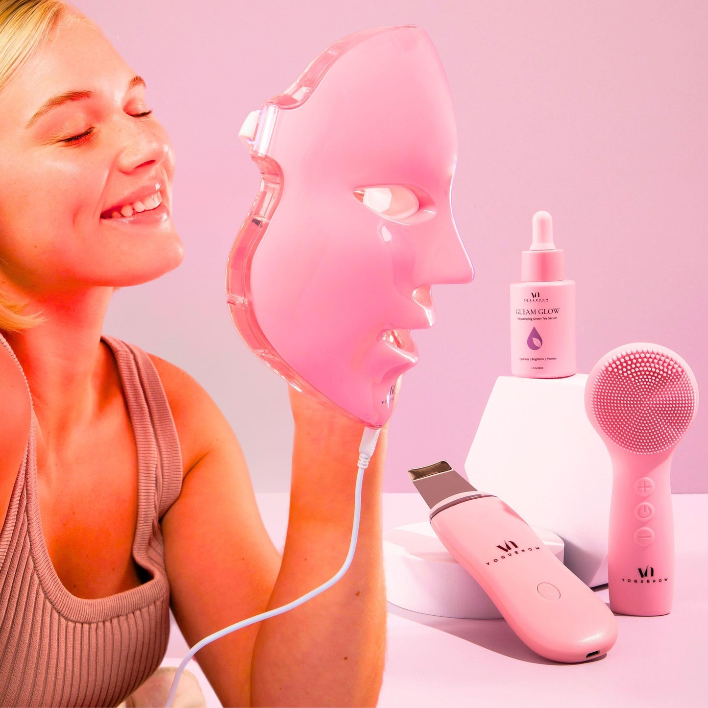 Dluxe Ave. LED Face Mask Light Therapy Premium Valentines Gift Spa Kit (4 Pcs) - With Ultrasonic Scrubber Sonic Brush & Green Tea Serum - 7 Colors (Blue & Red) - Valentine Gifts for Women Galentines Day Gifts