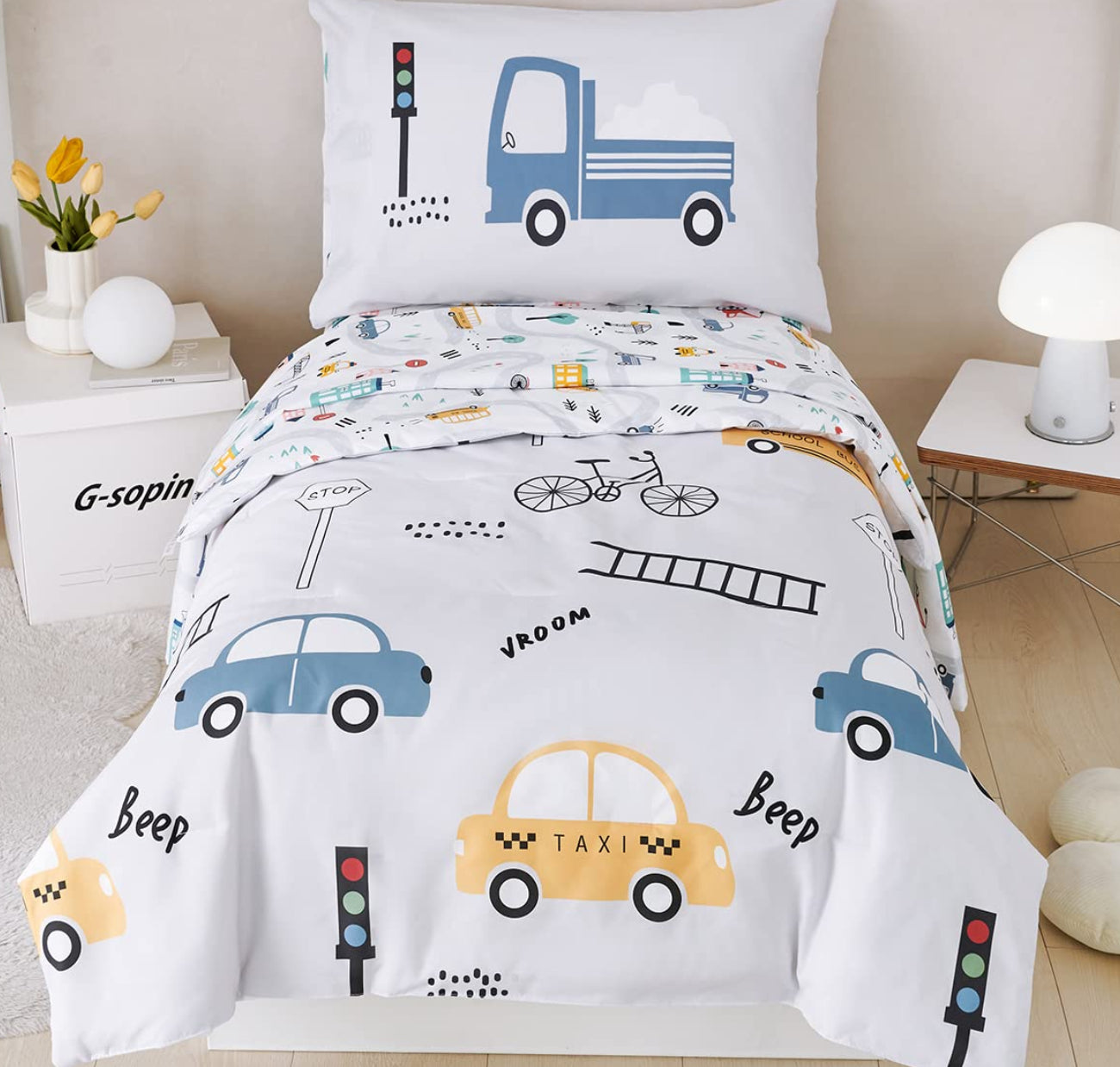 Dluxe Ave. ( TODDLER ) 4 Pcs Comforter and Bedding Set, Light Grey Taxis/Bus/Trucks