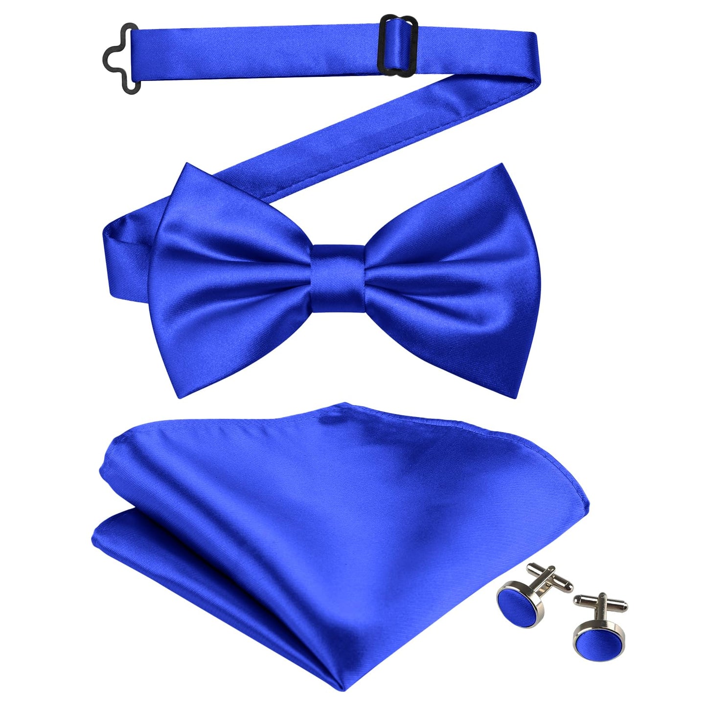 Dluxe Ave.  Royal Blue Bow Ties for Men Solid Color Pre-Tied Blue Bow Tie and Royal Blue Pocket Square Cufflinks Set