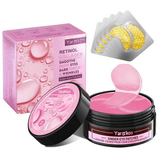 Dluxe Ave. Yargkos Pink Eye Mask 60Pcs 5 Portable 24K Gold Collagen Under Eye Patches 30 Pairs Hydrating Undereye Gel Pads for Women Men Dark Circles Puffy Eyes Puffiness Wrinkle Eye Bag Treatment