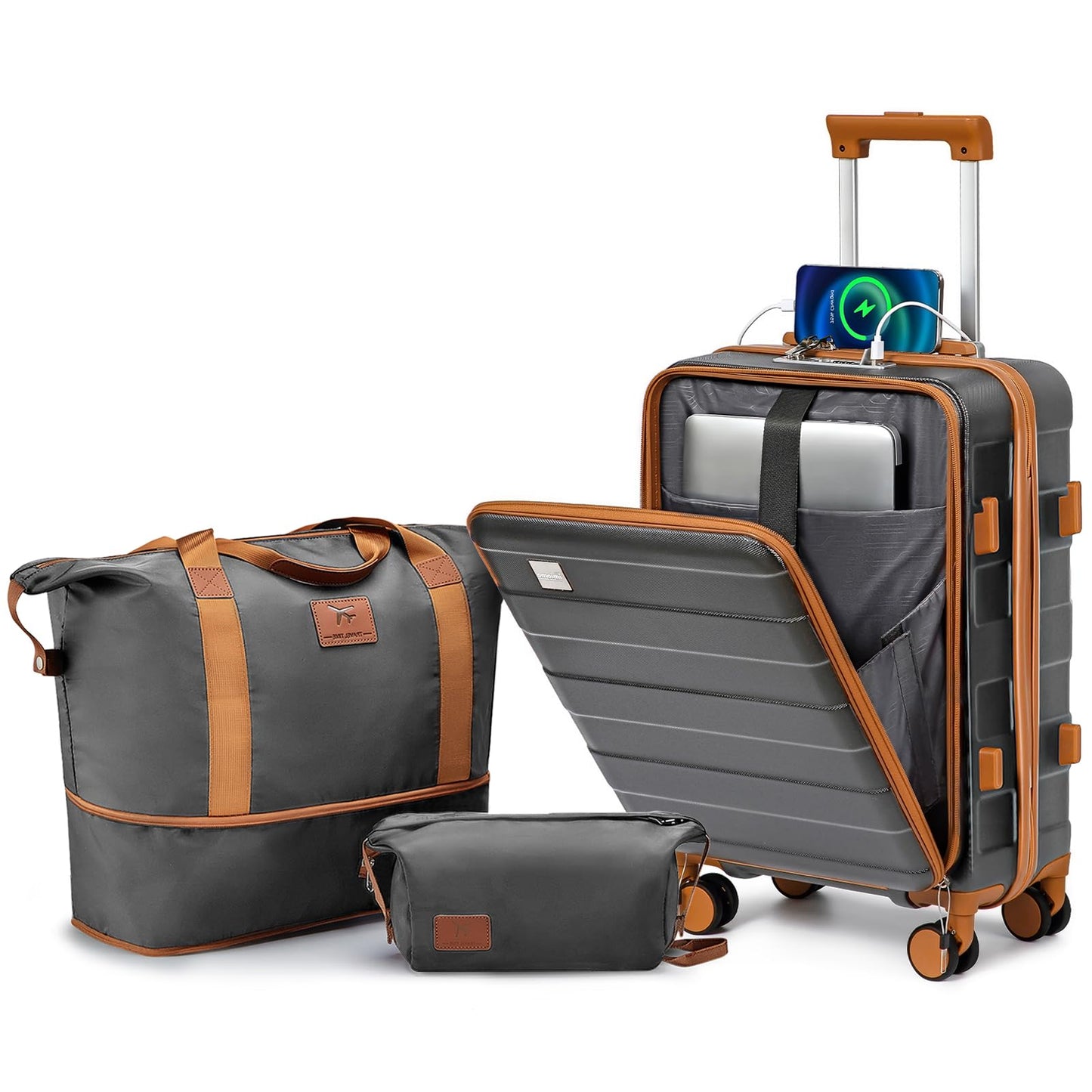 Dluxe Ave. Hard Shell Carry on Suitcase/ 20 Inch Travel Luggage/ Spinner Wheels/USB Port (Grey)22x14x9