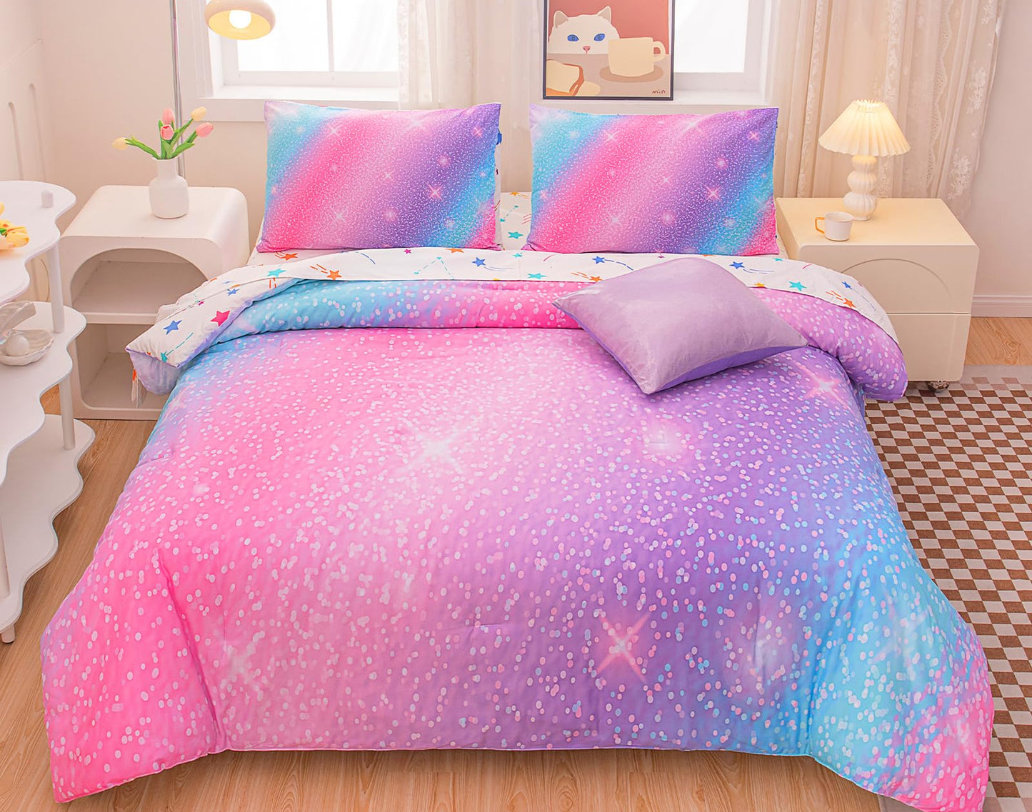 Dluxe Ave. ( TWIN ) 6 Pcs Comforter and  Bedding Set/ Pink Purple & Blue